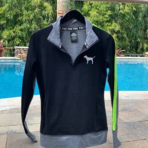 Pink brand half zip. Gray and black with neon yellow. XS